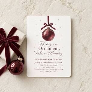 Invitación Intercambio de Adorno de Navidad con Lazo Borgoña
