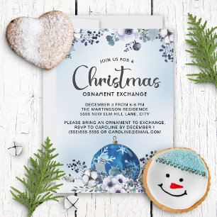 Invitación Intercambio de adorno floral de Navidad blanco azu