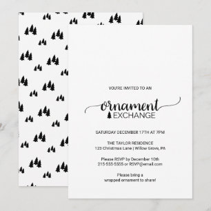Invitación Intercambio de Adornos de Caligrafía en Blanco y N