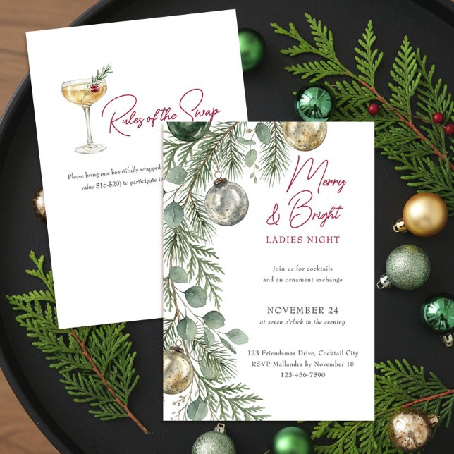 Invitación Intercambio de Adornos de Guirnalda de Eucalipto E (Holiday Ornament Exchange Invitation - printed or digital download - by Darling & May)