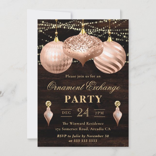 Invitación Intercambio de adornos de Navidad elegantes de oro (Anverso)