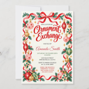 Invitación Intercambio de Adornos de Navidad Fiesta Lazo Rojo