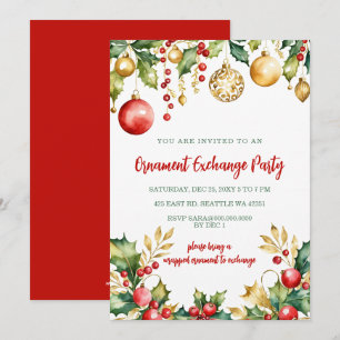 Invitación Intercambio de Adornos Festivos de Oro Rojo Fiesta