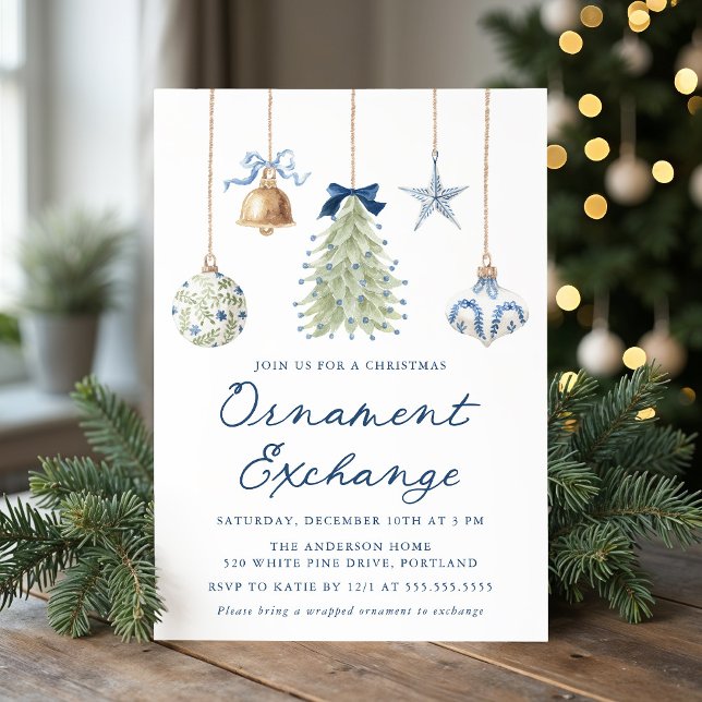 Invitación Intercambio de Adornos Navideños Azules Elegantes (Subido por el creador)