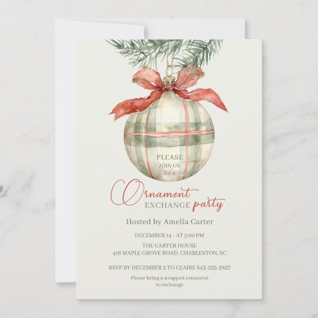 Invitación Intercambio de Adornos Navideños con Estampado de  (Anverso)