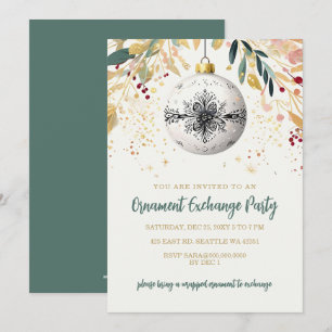Invitación Intercambio de Adornos Navideños Festivos de Oro F