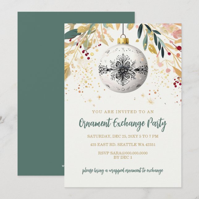 Invitación Intercambio de Adornos Navideños Festivos de Oro F (Anverso / Reverso)