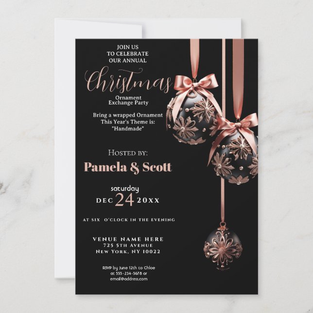 Invitación Intercambio de Adornos Navideños Rosa y Negro  (Anverso)