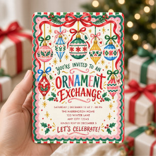 Invitación Intercambio de Adornos Navideños Vintage Coloridos
