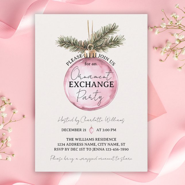 Invitación Intercambio de Adornos Rosados en la Fiesta de Nav (Pink Ornament Exchange Christmas Party Invitation
)