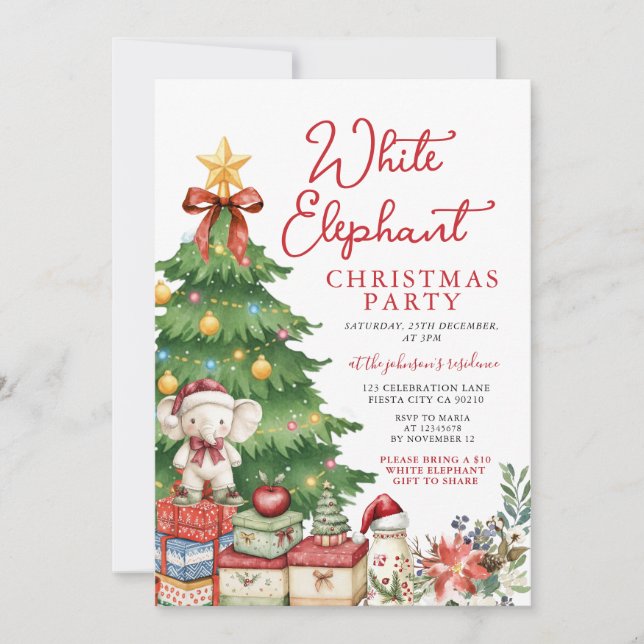 Invitación Intercambio de Fiesta de Navidad de Elefante Blanc (Anverso)