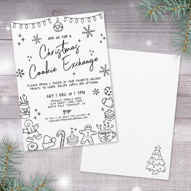 Invitación Intercambio de Galletas de Navidad Caprichosas Dib (Hand Drawn Whimsical Christmas Cookie Exchange Invitation)