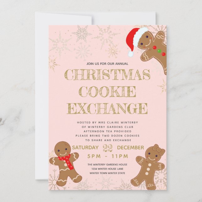 Invitación Intercambio de Galletas de Navidad de Jengibre Ros (Anverso)