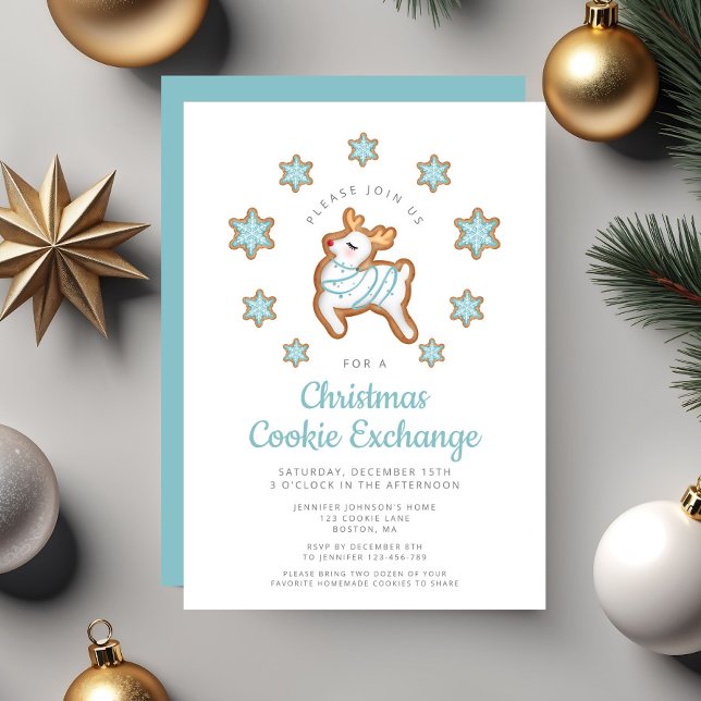 Invitación Intercambio de Galletas de Navidad de Reno Cute (Cute Reindeer Christmas Cookie Exchange Invitation)