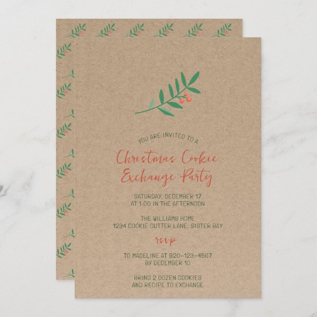 Invitación Intercambio de galletas de Navidad Holly Kraft Par (Anverso / Reverso)