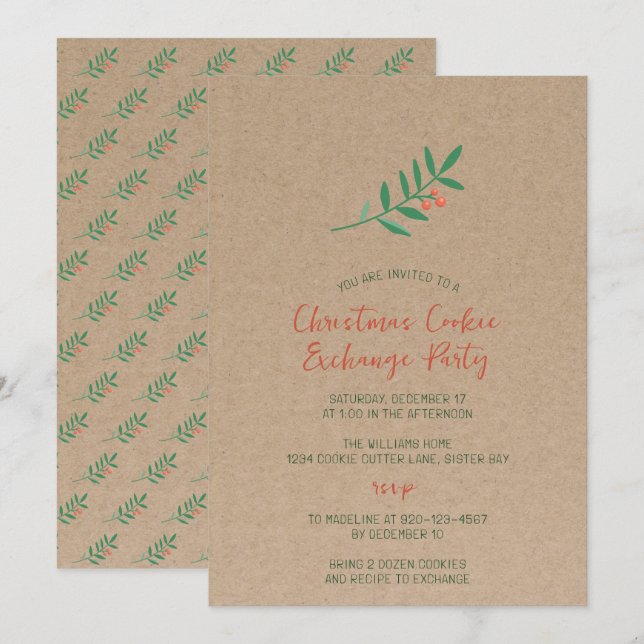 Invitación Intercambio de galletas de Navidad Kraft con acebo (Anverso / Reverso)