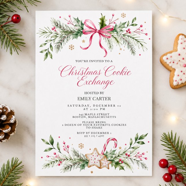 Invitación Intercambio de Galletas de Navidad Lazo Rosa Fiest (Subido por el creador)