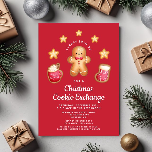 Invitación Intercambio de Galletas de Navidad Rojas Hombre de (Red Christmas Cookie Exchange Cute Gingerbread Man Invitation)