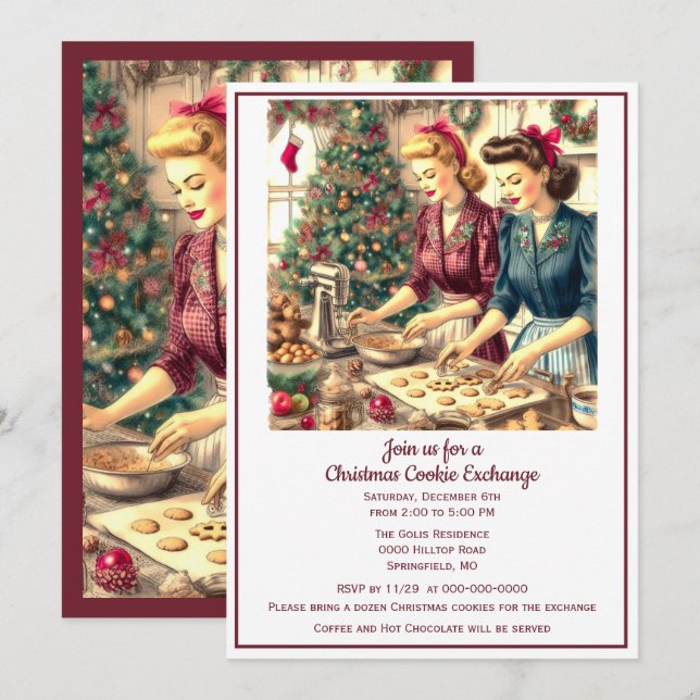 Invitación Intercambio de galletas retro de Navidad  (Anverso / Reverso)