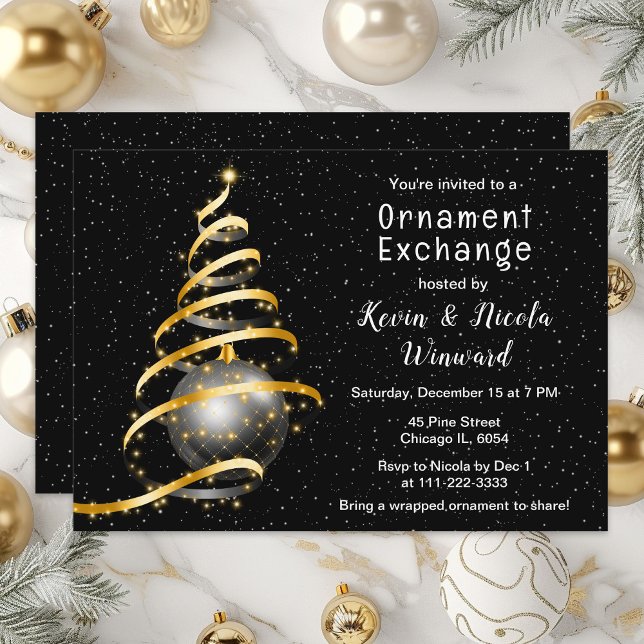 Invitación Intercambio de ornamentos de Navidad dorado y negr (Subido por el creador)