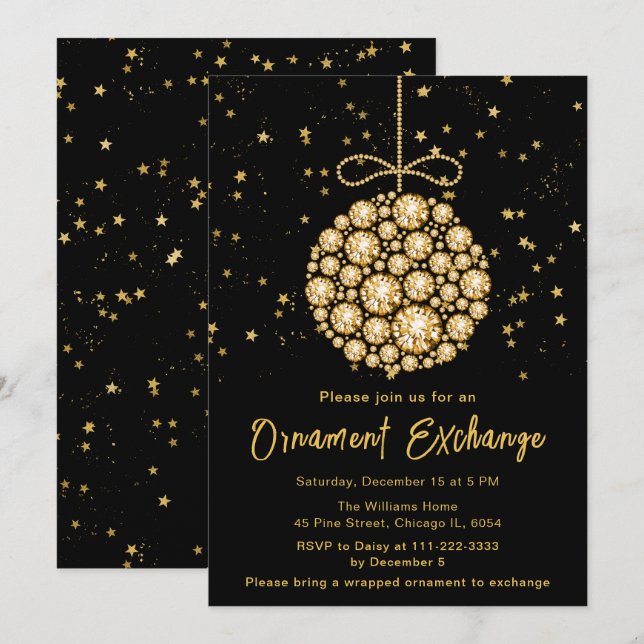Invitación Intercambio de Ornamentos de Navidad Glam Gold (Anverso / Reverso)