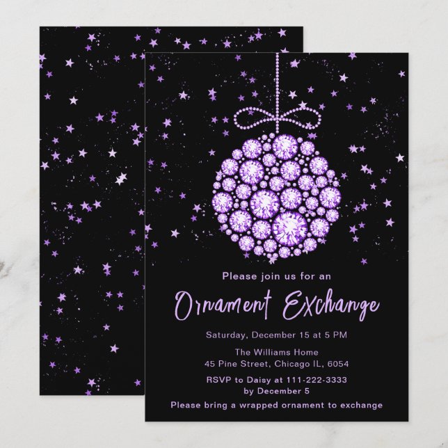 Invitación Intercambio de Ornamentos de Navidad Glam Purple (Anverso / Reverso)