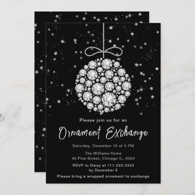 Invitación Intercambio de Ornamentos de Navidad Glam Silver (Anverso / Reverso)