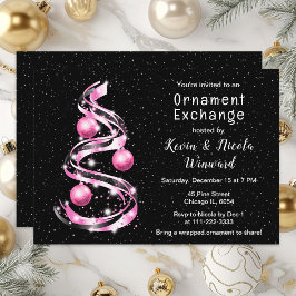 Invitación Intercambio de ornamentos de Navidad rosa y negra