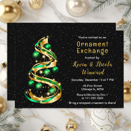 Invitación Intercambio de Ornamentos de Navidad Verde y Oro