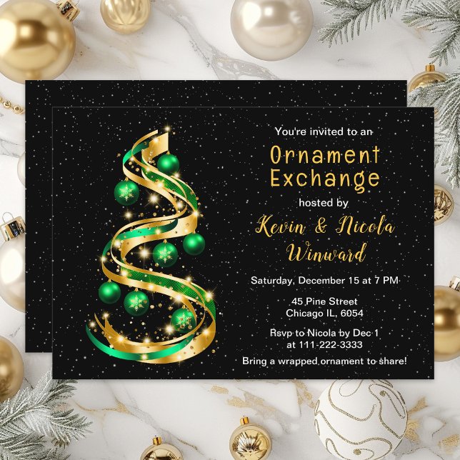 Invitación Intercambio de Ornamentos de Navidad Verde y Oro (Subido por el creador)