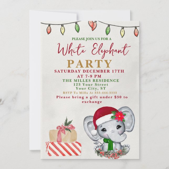 Invitación Intercambio de Regalos de Elefante Blanco con Acua (Anverso)