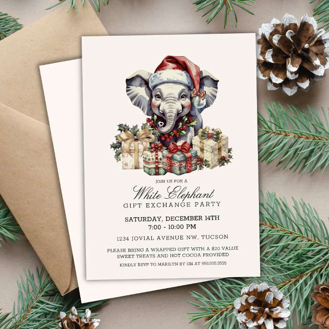 Invitación Intercambio de regalos de elefante blanco con acua (Elegant white elephant gift exchange invitations for christmas holiday corporate office party invite)