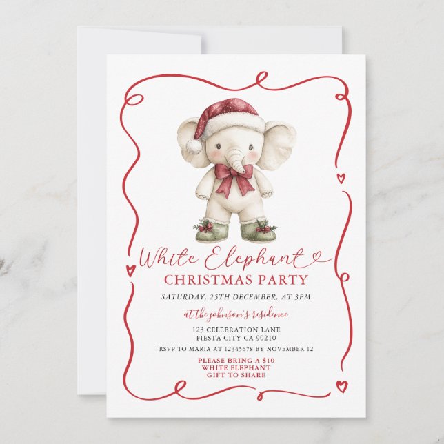 Invitación Intercambio de regalos de elefante blanco con lazo (Anverso)