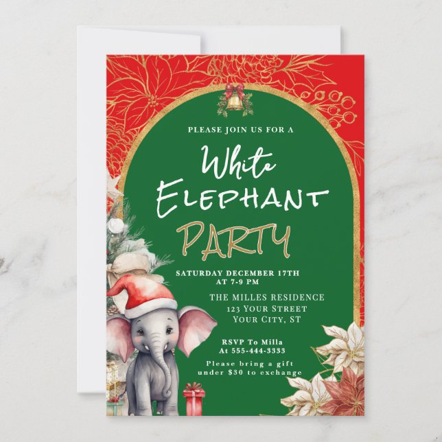 Invitación Intercambio de Regalos de Elefante Blanco Dorado,  (Anverso)
