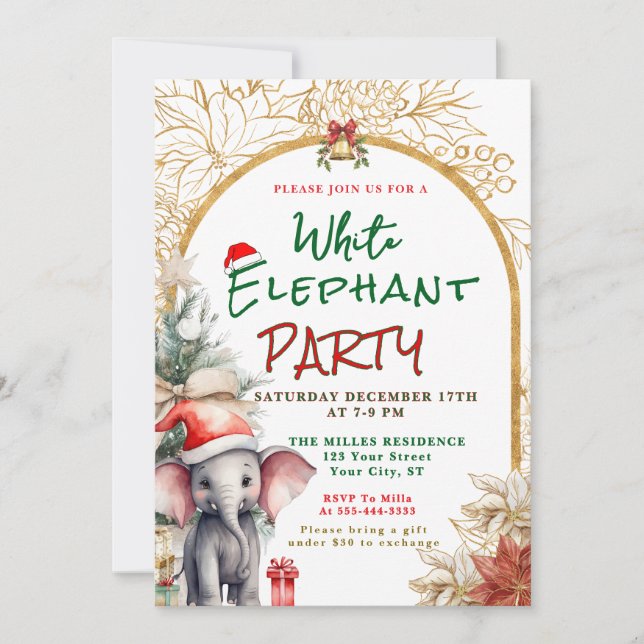 Invitación Intercambio de Regalos de Elefante Blanco Dorado,  (Anverso)