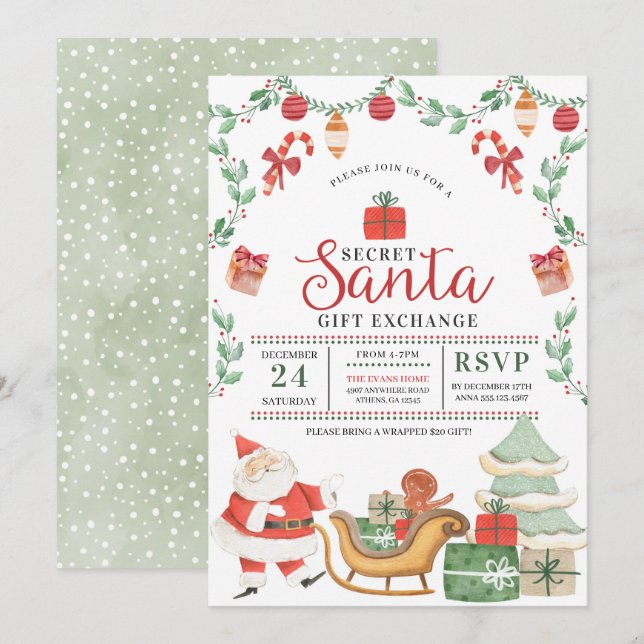 Invitación Intercambio de regalos de feriado de Navidades sec (Anverso / Reverso)