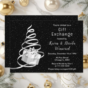 Invitación Intercambio de regalos de Navidad plateado y negro