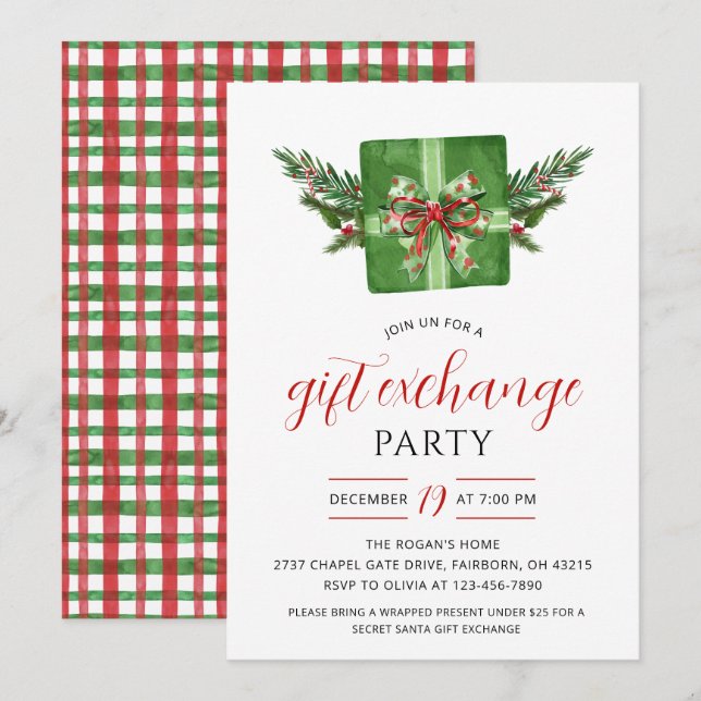 Invitación Intercambio de Regalos Navideños con Acuarela Fest (Anverso / Reverso)