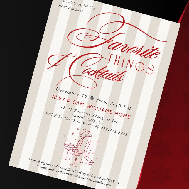 Invitación Intercambio de Regalos Navideños de Cosas Favorita (Favorite Things & Cocktails Holiday Gift Exchange Elegant Preppy Millennial Christmas Invitation)