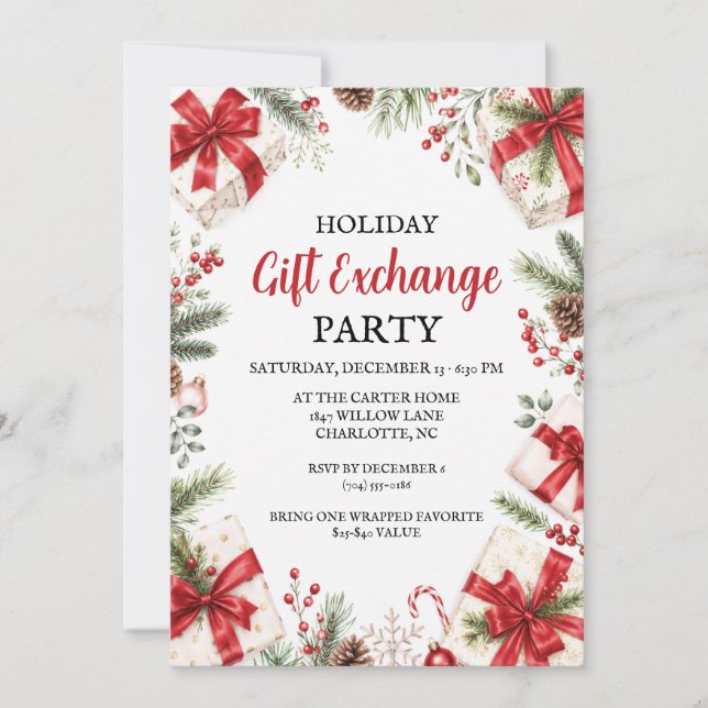 Invitación Intercambio de Regalos Navideños Fiesta Lazo Rojo  (Anverso)