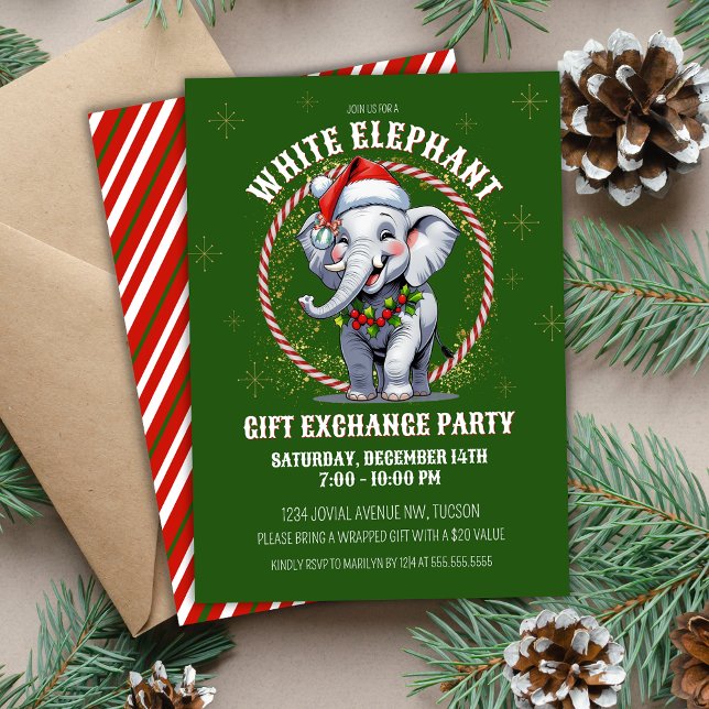 Invitación Intercambio de regalos para elefantes blancos de v (Festive green and red cute white elephant Christmas gift exchange party invitations for work church)