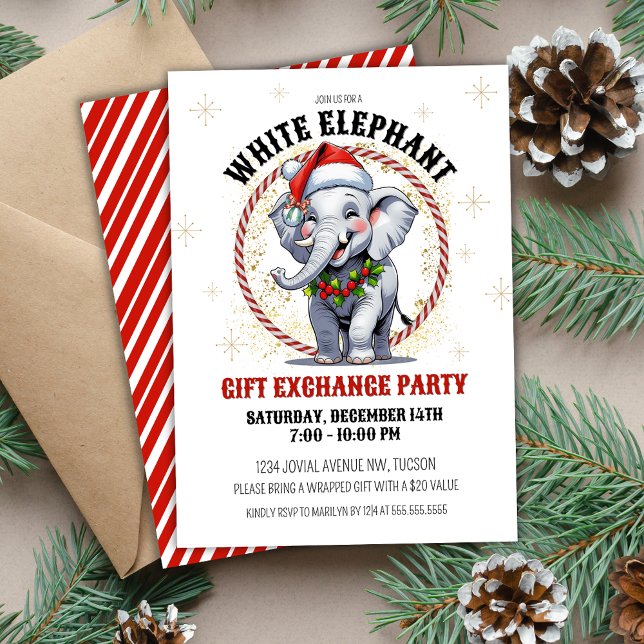 Invitación Intercambio de regalos para elefantes blancos del  (Cute white elephant holiday party invitations for corporate office or small group gift exchange)
