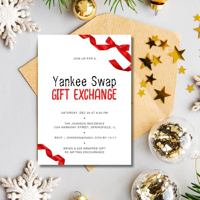 Invitación Intercambio de regalos singulares de Yankee Swap d (Whimsical Red Bow Yankee Swap Gift Exchange Invitation)