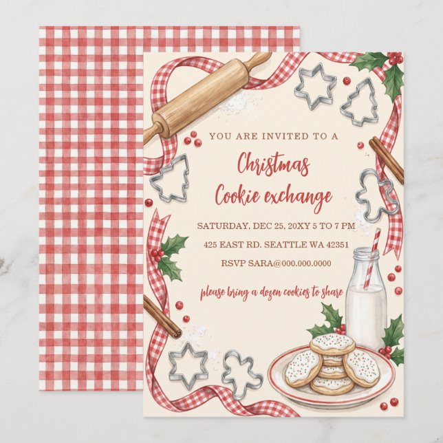 Invitación Intercambio Divertido de Galletas de Cuadros Rojos (Anverso / Reverso)