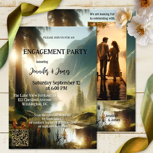 Invitación Intervención de fotos de las montañas forestales e (A photo engagement party invitation showing a painting of an enchanted forest in the mountains)