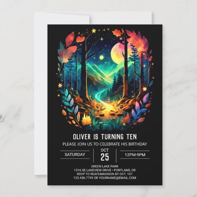 Invitación Into the Woods Adventure Awaits Elegant Cumpleaños (Anverso)