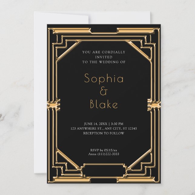 Invitación Intrincado Boda de Art Deco Negro y Oro (Anverso)