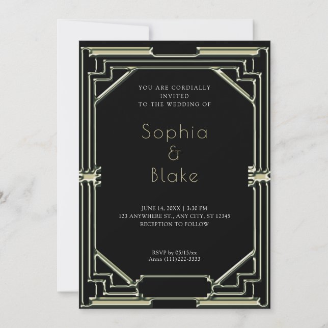 Invitación Intrincado Boda de Art Deco Negro y Verde (Anverso)