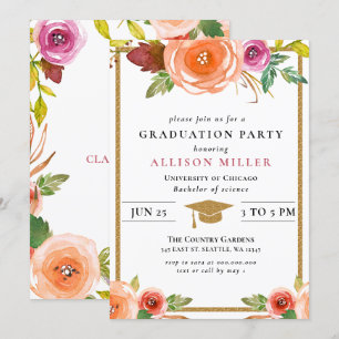 Invitación Inv de Graduación Floral Botánico Acuarela Rústica