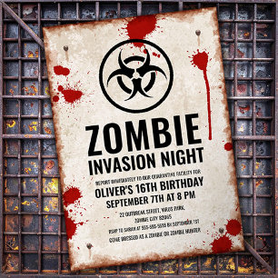 Invitación Invasión de zombis con manchas de sangre y letrero